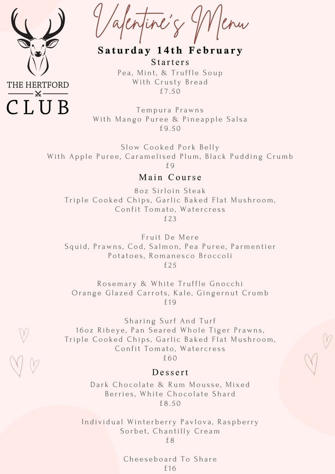 Valentine's Menu at the Hertford Club
